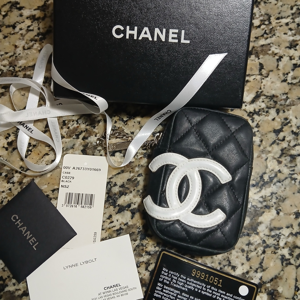 CHANEL Black Leather Mini Bag with White CC Logo